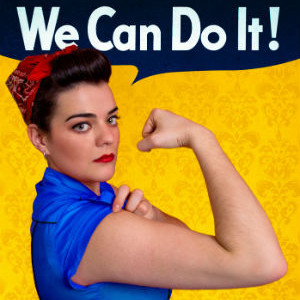 Young woman posing as working girl like the original poster of Rosie the Riveter